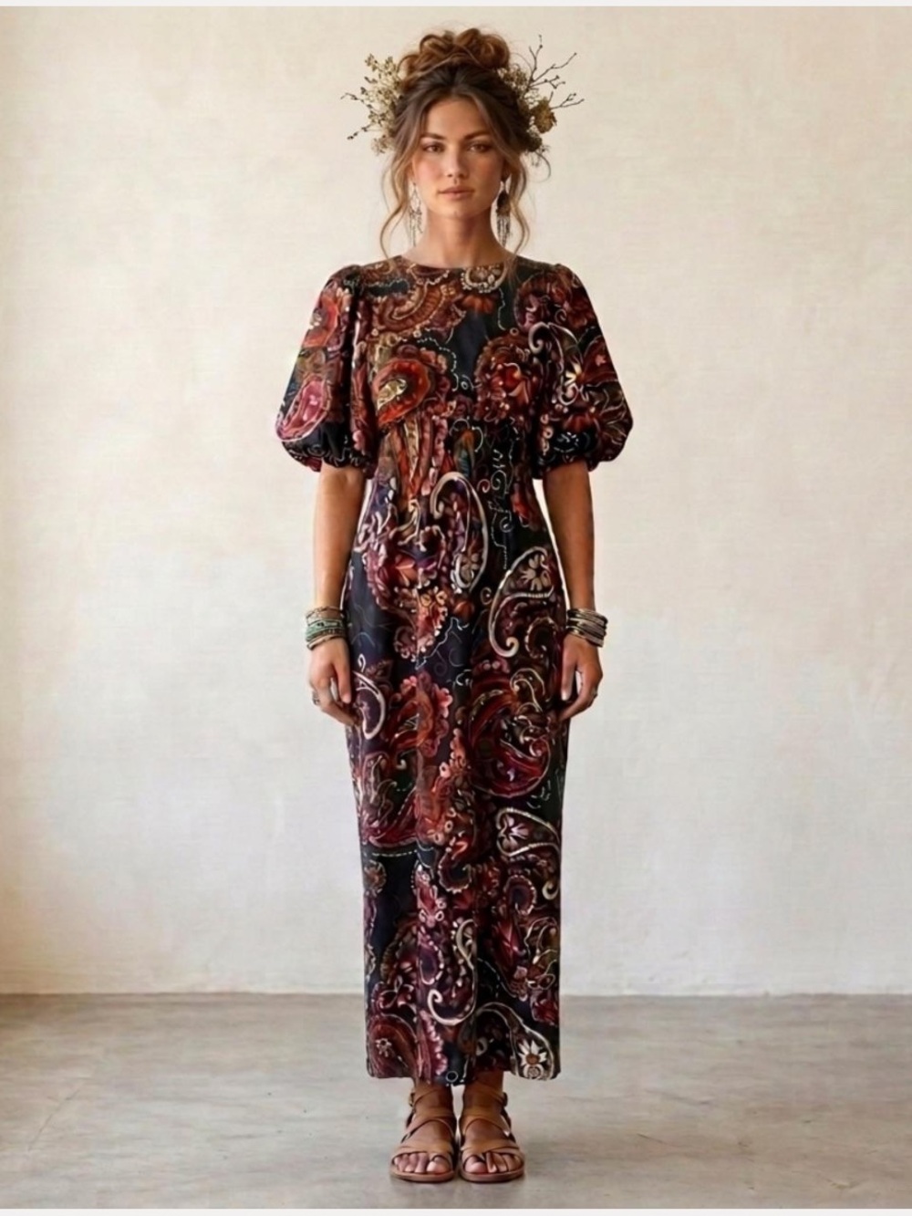 Anthropologie Kachel Multicolor Paisley Puff Midi Dress Size XL boho chic argyle